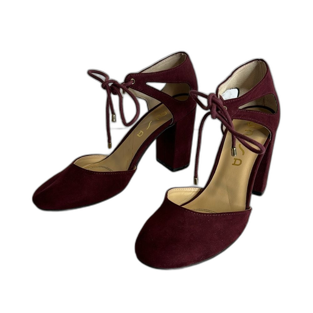 Unisa ladies burgundy ankle tie suede block heels size 8.5m